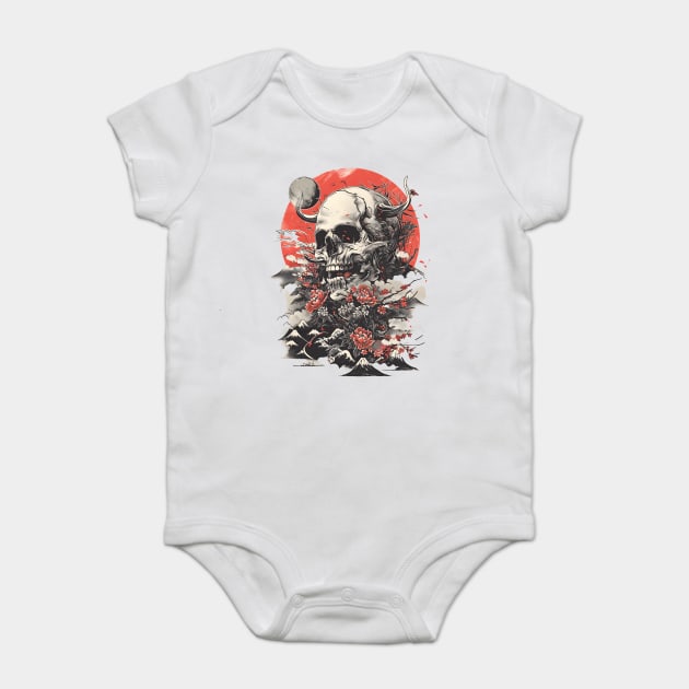 Asian-Inspired Skull & Floral Fusion, Mystical Mountain Blossoms, Transient Life Artwork Baby Bodysuit by WarFX Designs